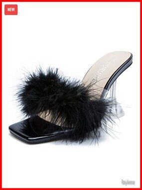 Women's Feather High Heeled Mules Slip On Sandals Square Toe Clear Heels